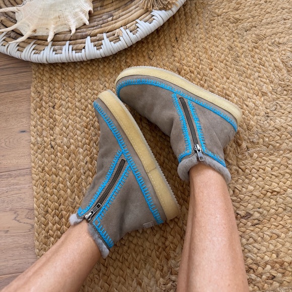 Free peopleNew LaidBack London Setsu Gray Suede blue crochet Shearling Cozy ❤️🎁 - Picture 4 of 10